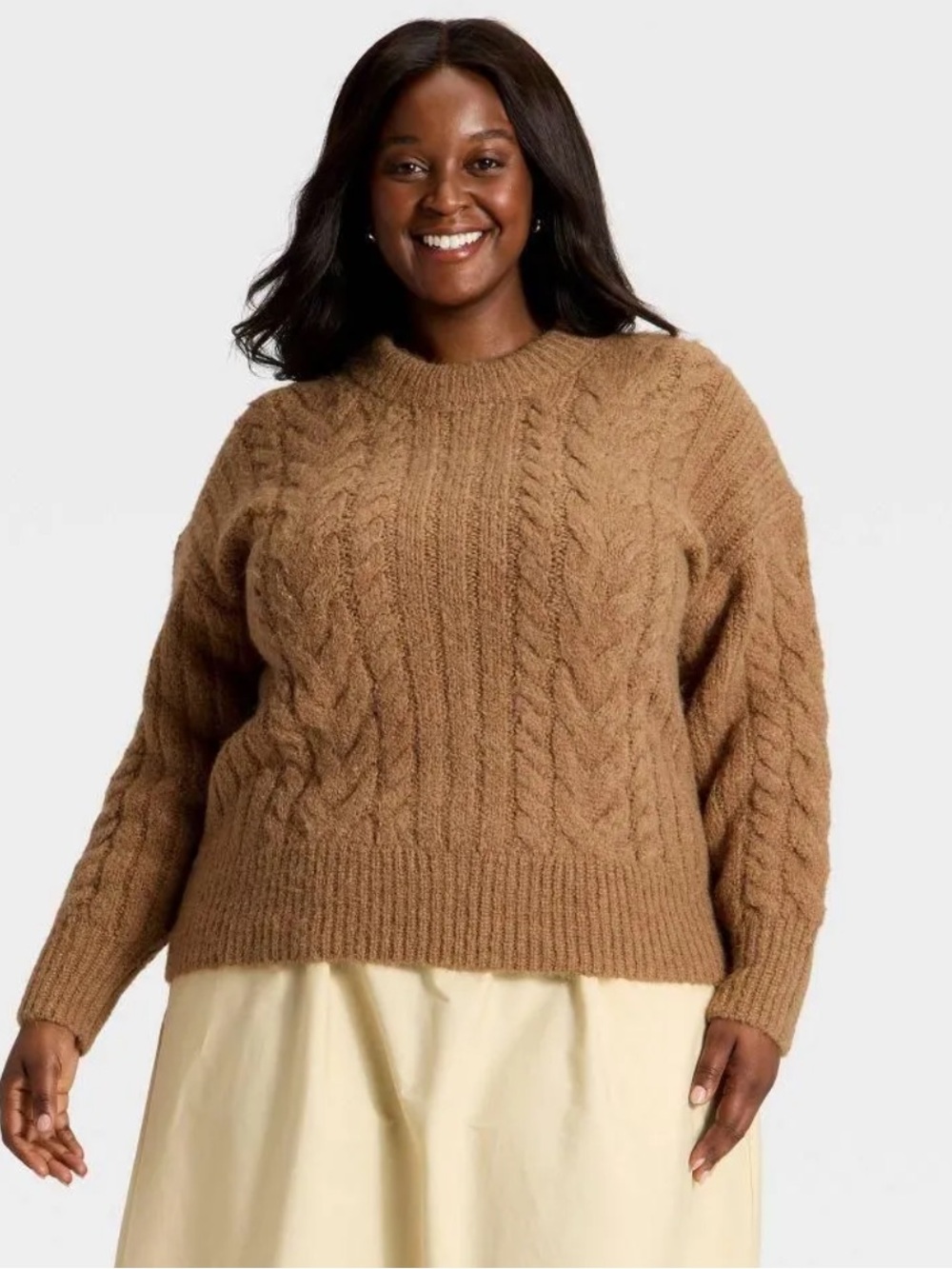 a new day Cable Knit Crew Sweater - Camel Brown